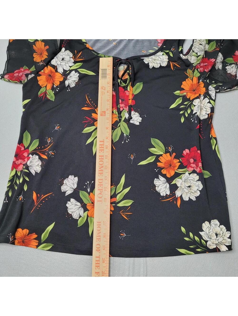 Perseption Concept Navy Floral Cold Shoulder Top Large Strappy Sleeve Tie Neck - Picture 5 of 8